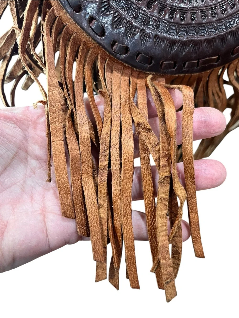 Hand tooled canteen round leather fringe bohemian style crossbody bag